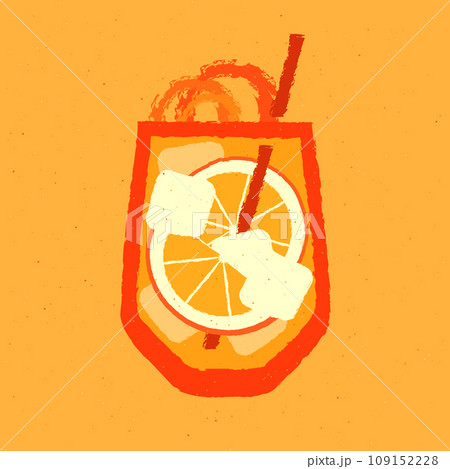 Cold cocktail orange, citrus zest and ice cubes. Tumbler glass. Vector with texture 109152228