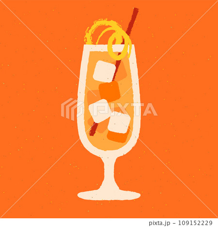 Cold mocktail with lemon zest. Hurricane alcoholic cocktail. Vector with texture 109152229