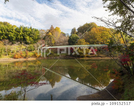 湖に架かる吊り橋と紅葉の風景 湖に架かる吊り橋と紅葉の風景 109152517