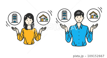 職場と家庭のバランス - 会社と家を天秤にかけている人物イラスト 職場と家庭のバランス - 会社と家を天秤にかけている人物イラスト 109152667