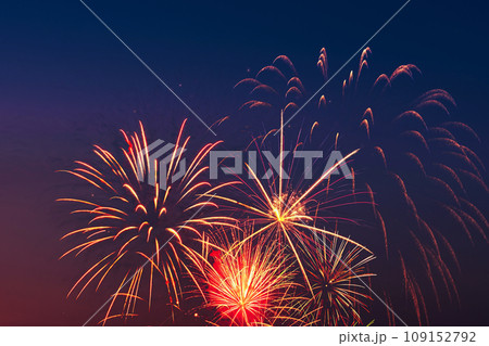 Colorful fireworks on night sky background. 109152792