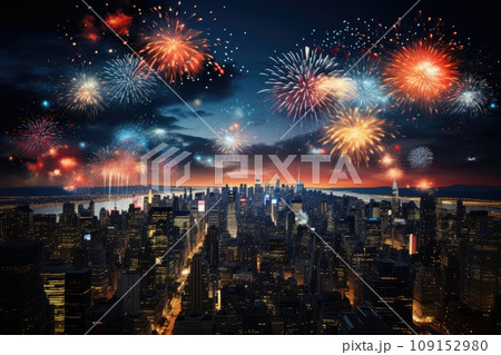 Fireworks on night sky in New year 2024. Generative AI 109152980