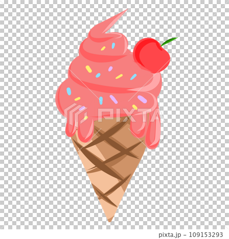 ice cream with cherry in waffle cone 109153293