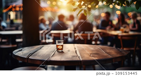 Empty wooden at cafe with people blur background. For advertising. Generative AI 109153445
