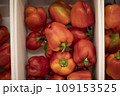 Red pepper in a box. Peppers on the market. Fresh vegetables. 109153525