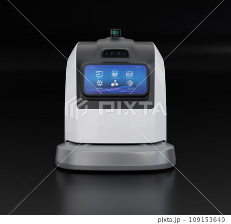 黒バックに自律走行可能な業務用清掃ロボットの正面イメージ。オリジナルデザイン 109153640