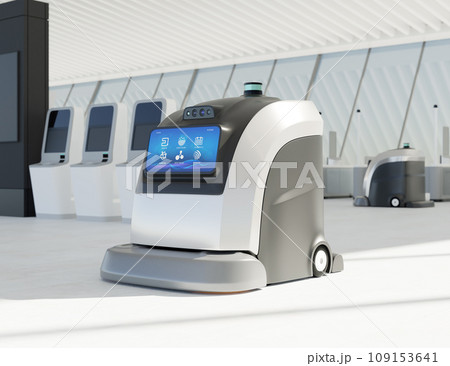 空港出発ロビーに清掃サービス中の自律走行可能な業務用清掃ロボットのイメージ 空港出発ロビーに清掃サービス中の自律走行可能な業務用清掃ロボットのイメージ 109153641