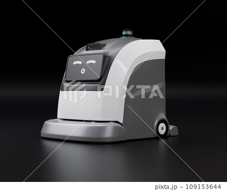 黒バックに自律走行可能な業務用清掃ロボットのイメージ。オリジナルデザイン 109153644