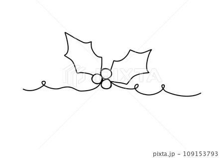 Holly leaves with berries, line art, continuous line vector 109153793