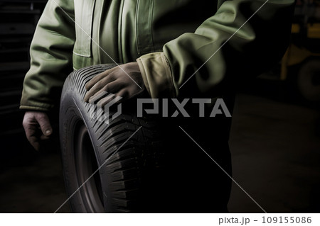 Car tire service and hands of mechanic holding new tyre. Neural network AI generated art 109155086