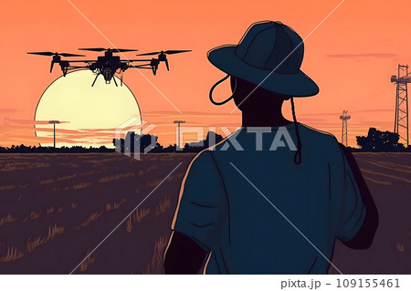 Woman farmer controls drone with a tablet. Smart farming and precision agriculture. Neural network AI generated art Woman farmer controls drone with a tablet. Smart farming and precision agriculture. Neural network AI generated art 109155461