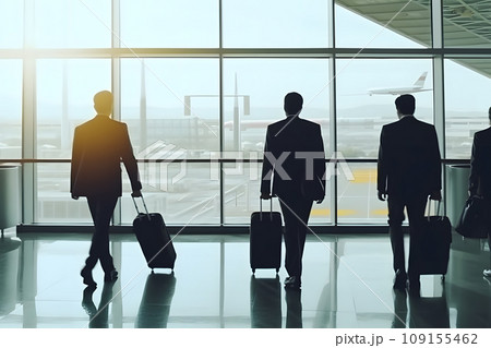 Business man at international airport moving to terminal gate for airplane travel trip. Neural network AI generated art Business man at international airport moving to terminal gate for airplane travel trip. Neural network AI generated art 109155462