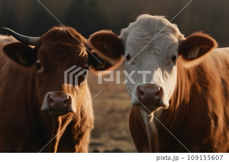 Cows in field sunset in the evening. Neural network AI generated art 109155607