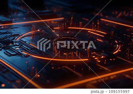 Close-up view of a modern GPU card with circuit and colorful lights and details. Neural network AI generated art 109155997