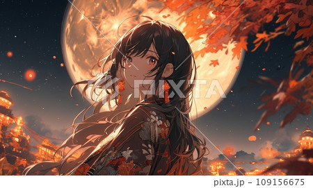 ［AI生成画像］月と綺麗なな着物少女18 109156675