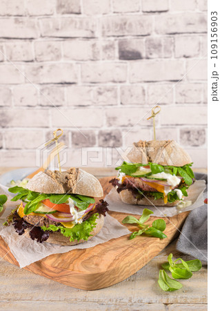 Healthy vegan burger with fresh vegetables and yogurt sauce Healthy vegan burger with fresh vegetables and yogurt sauce 109156903