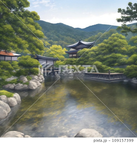 背景に山があり、手前に樹々や池がある日本のイメージを描いたイラスト　 109157399
