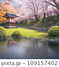 桜の木や綺麗に手入れをされている庭がある、日本風な風景を描いたイラスト 109157402