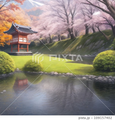 桜の木や綺麗に手入れをされている庭がある、日本風な風景を描いたイラスト 109157402