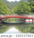 背景に緑色の山々や樹々が立ち並び、川に大きい赤い橋が架かっているところを描いたイラスト 109157403