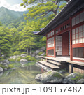 赤い家屋と背景には緑色の山や樹々がある風景を描いたイラスト 109157482