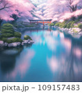 池の周りにピンクの桜が沢山咲いているところを描いたイラスト 109157483