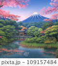 富士山を背景にして、手前には池があり、桜や樹々が咲いている所を描いたイラスト　 109157484