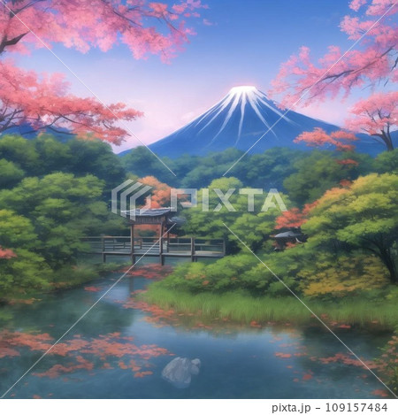 富士山を背景にして、手前には池があり、桜や樹々が咲いている所を描いたイラスト　 109157484