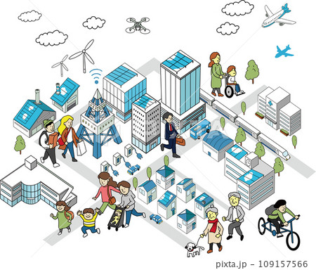 人物とまちの俯瞰イラスト　DX・GX・スマートシティ 109157566