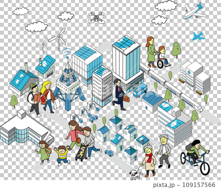 人物とまちの俯瞰イラスト　DX・GX・スマートシティ 109157566