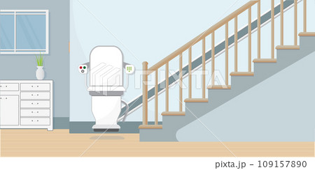 Mechanical chair lift taking people up and down stairs 109157890