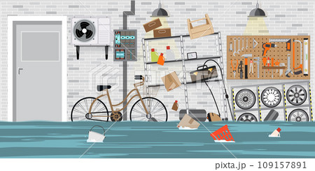 Flooded interior storage room with metal shelf 109157891