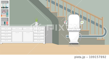 Elevator lift escalator taking people up and down stairs. 109157892