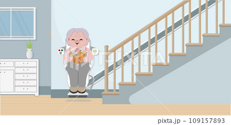 Elderly woman using chair lift for stairs. 109157893