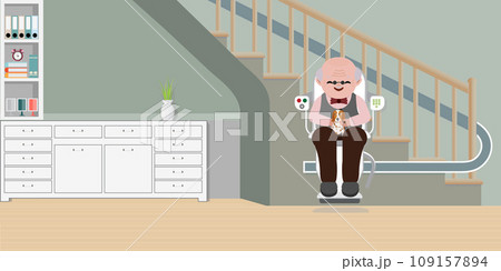 Elderly man using chair lift for stairs. 109157894