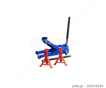 Car hydraulic floor jack and car jack stand isolated on white background include clipping path 109158283