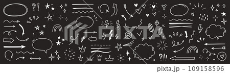 Sketch line arrow element, star, heart shape on chalkboard background. Hand drawn doodle sketch style circle, cloud speech bubble grunge element. Arrow, star, heart decoration. Vector 109158596