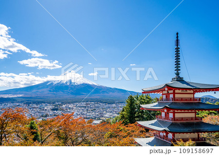 新倉山浅間公園 雄大な富士山と朱塗りの五重塔 桜の紅葉 秋 新倉山浅間公園 雄大な富士山と朱塗りの五重塔 桜の紅葉 秋 109158697
