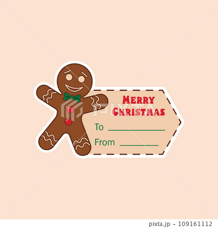 Christmas sticker card in CMYK color mode. Gingerbread man with red buttons and a green bow tie 109161112