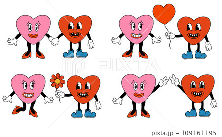 Retro set 70s 60s 80s Hippie Groovy Valentine day lovely Hearts Characters girl and boy in love. Mascots collection in Funky trendy cartoon style. Vector flat illustration. 109161195