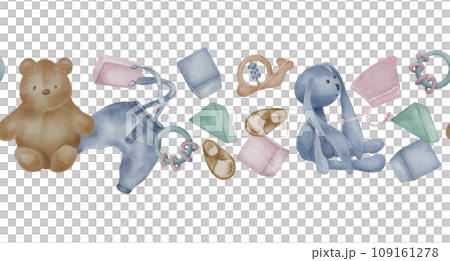 Seamless border with teddy bear, soft rabbit neutral colors isolated on white. Hand drawn illustration of baby toys in pastel shades. Painted baby cloth. Design for newborn shower, baby room 109161278