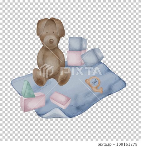 Illustration with soft toy on baby blanket neutral colors isolated on white background. Hand drawn plush dog in pastel shades. Painted baby cubes, blocks. Element for birthday card, poster for child 109161279