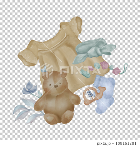 Illustration with baby girl dress and teddy bear isolated on white background. Hand drawn abstract flower delicate shades. Baby toys. Elements for newborn card, invitation, poster, birthday party 109161281