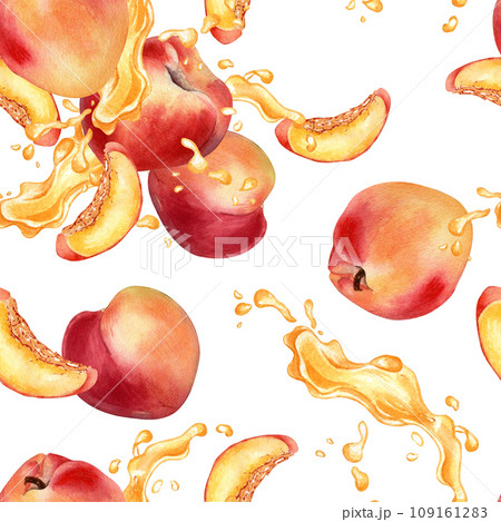 Watercolor seamless pattern with peaches and juice splash isolated on white background. Whole ripe and half fruits. Apricot hand drawn. Design element for package, textile, wrapping paper, fabric 109161283