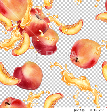 Watercolor seamless pattern with peaches and juice splash isolated on white background. Whole ripe and half fruits. Apricot hand drawn. Design element for package, textile, wrapping paper, fabric 109161283