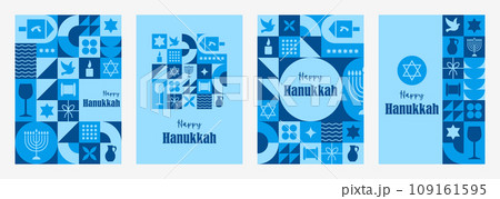 Set of Happy Hanukkah postcards. Modern neo geometric backgrounds. Vector illustration in bauhaus minimalist style. Composition of simple traditional jewish icons. Cards with Menorah, Dreidel Set of Happy Hanukkah postcards. Modern neo geometric backgrounds. Vector illustration in bauhaus minimalist style. Composition of simple traditional jewish icons. Cards with Menorah, Dreidel 109161595