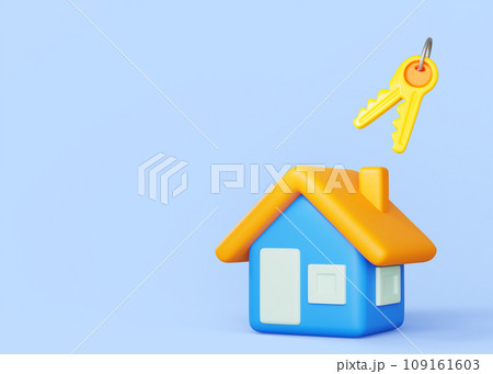 3d render house building exterior with keys banner mockup. Concept of purchase home with bank credit, mortgage or loan, invest in real estate, property buy or build, Cartoon design. 3D illustration 109161603