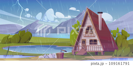 Wooden cottage near mountain lake in rainy weather Wooden cottage near mountain lake in rainy weather 109161791