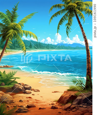 ヤシの木のある南国の海の風景画 AI画像のイラスト素材