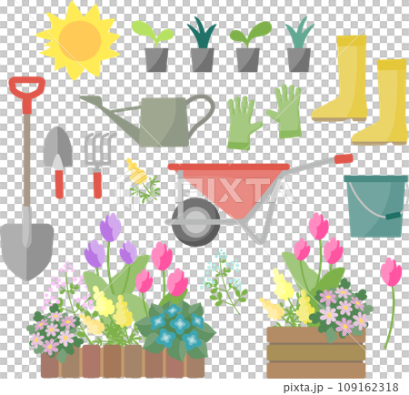 ガーデニングの道具と寄せ植えの植物 109162318